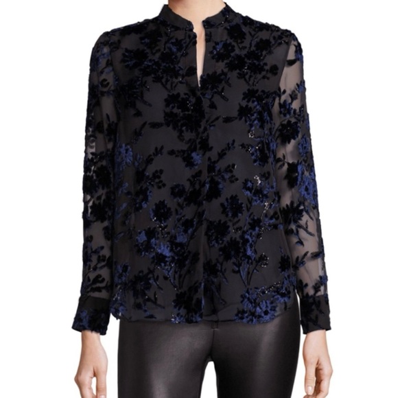 ALICE+OLIVIA Belle Metallic Sheer Velvet Embroidered Chiffon Tops, Navy Black, S - Picture 1 of 4